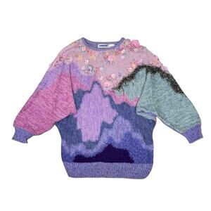 Mariea Kim Embellished Abstract Floral Rosette Sweater Sz S Multicolor Oversized